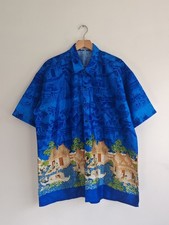 THAI SILK Mens Blue Traditional Pattern Silk Shirt 3XL Button Up Short Sleeve 