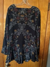 Free People Black Floral Backless Ruffle Bottom Pockets Tunic Top Size XS