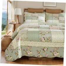 Patchwork Quilts Queen Size Cotton Green Rose Floral Green Country Garden