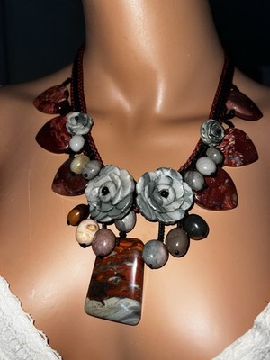 Stunning Natural Stone Rose & Heart Necklace Boho Artisan Made OOAK Valentine's