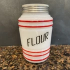 Vintage Hazel Atlas Milk Glass w/Red Bands Beehive Flour Shaker w/Aluminum Lid