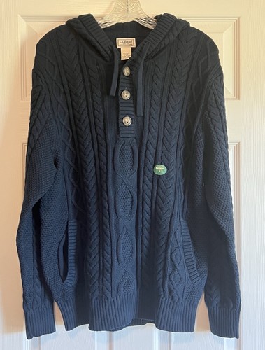 L.L. Bean Men's Heritage Soft Cotton Fisherman Sweater Henley Hoodie Navy LG NWT - Picture 1 of 7