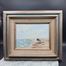 VTG Oil Painting Seagulls & Child playing Beach Seashore by iMosshart TX MCM Art