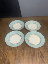 Set Of (4) Vintage Lifetime China Co. 6 Gold Crown Dessert Plates - Aqua Trim