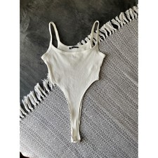 Zara White Ribbed Sleeveless Bodysuit Scoop Neck High Cut Stretch Knit Small