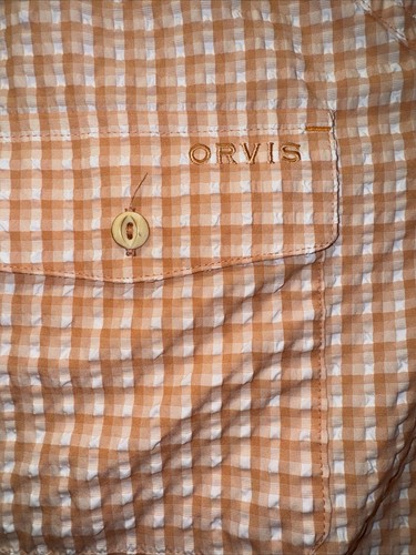 ORVIS Mens Active Fit Puckered Seersucker Orange White Check Roll Tab Shirt Sz L - Picture 5 of 8