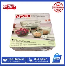 Pyrex Light GREEN Colored Glass Mixing Bowl Set with Lids, 8-Pieces BRAND NEW!!