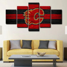 NHL Hockey Sports Calgary Flames Red & Black Logo 5 Piece Panel Canvas Wall Art