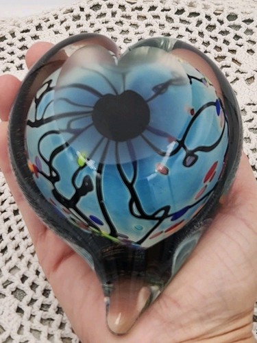 Rollin Karg Signed Dichroic Iridescent Handblown Glass Heart Paperweight HTF - Picture 7 of 9