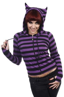 Cat Ears Striped Hoodie Womens Black Purple Stripe Zip Up Nekomimi Jacket