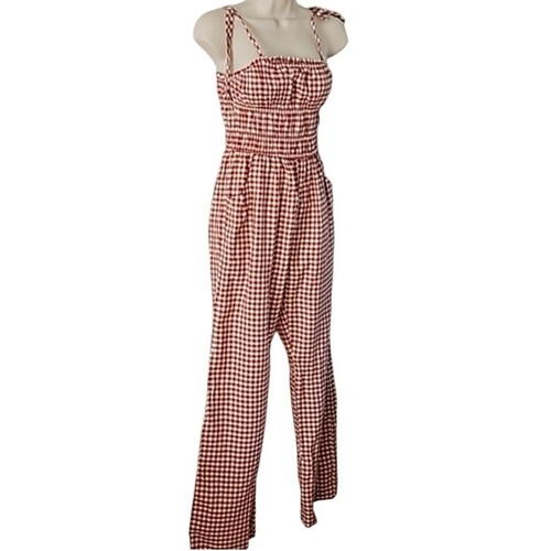 Sincerely Jules Women’s Red Cream Gingham Jumpsuit Size XS Spaghetti Straps - Picture 5 of 7