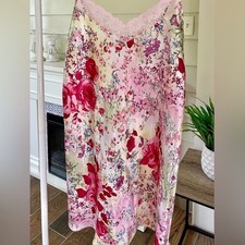 Gilligan  O  Malley Floral Satin Slip Dress Nightgown   Size M   Pink Lace Trim