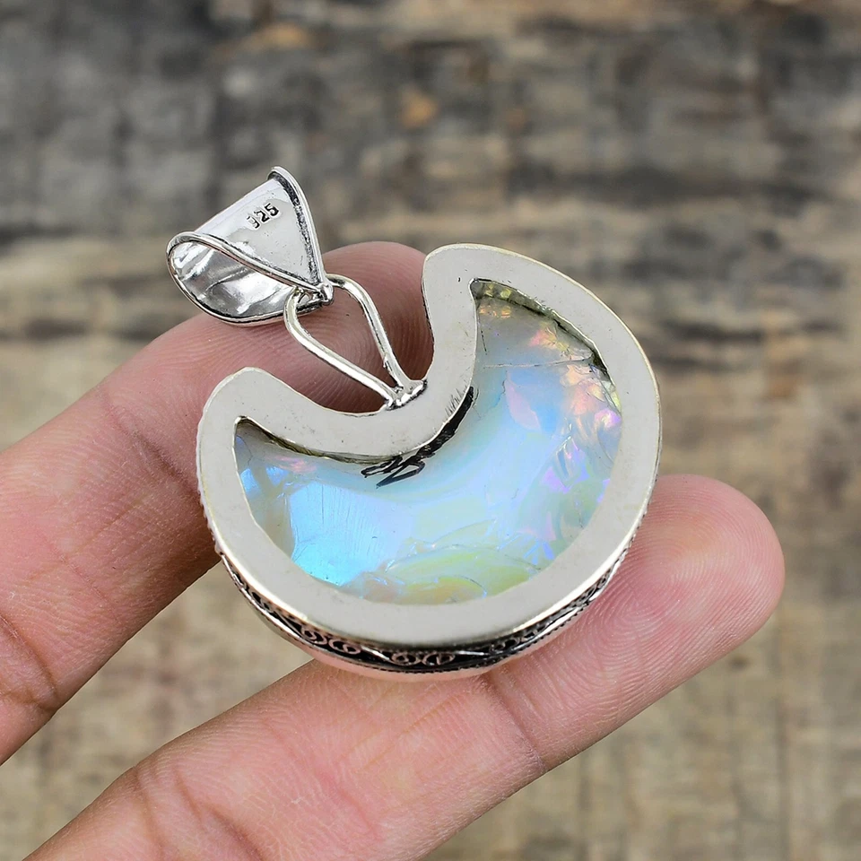 Milky Opale Gemma Artigianale 925 Pendente Argento Sterling per Matrimonio Gioie - Immagine 4 di 4