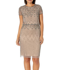 NWT Adrianna Papell Mercury Nude Beaded Allover Short Sleeve Blouson Dress