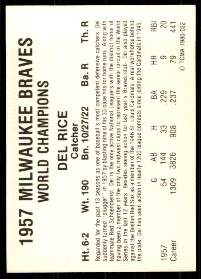 1980 TCMA 1957 MILWAUKEE BRAVES #22 DEL RICE MILWAUKEE BRAVES - Image 2 of 2