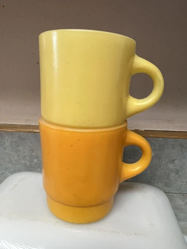 Vintage Fire King Yellow & Orange Stacking Coffee Cups Mugs Set Of 2