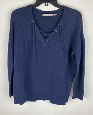 Athleta Womens Sweater Medium Navy Blue Long Sleeve Pullover Knit V Neck Cotton