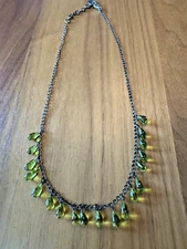 VTG ZAD Fringe Necklace - 19 Mossy Green Glass Teardrop Adjustable 17–18.5” Boho