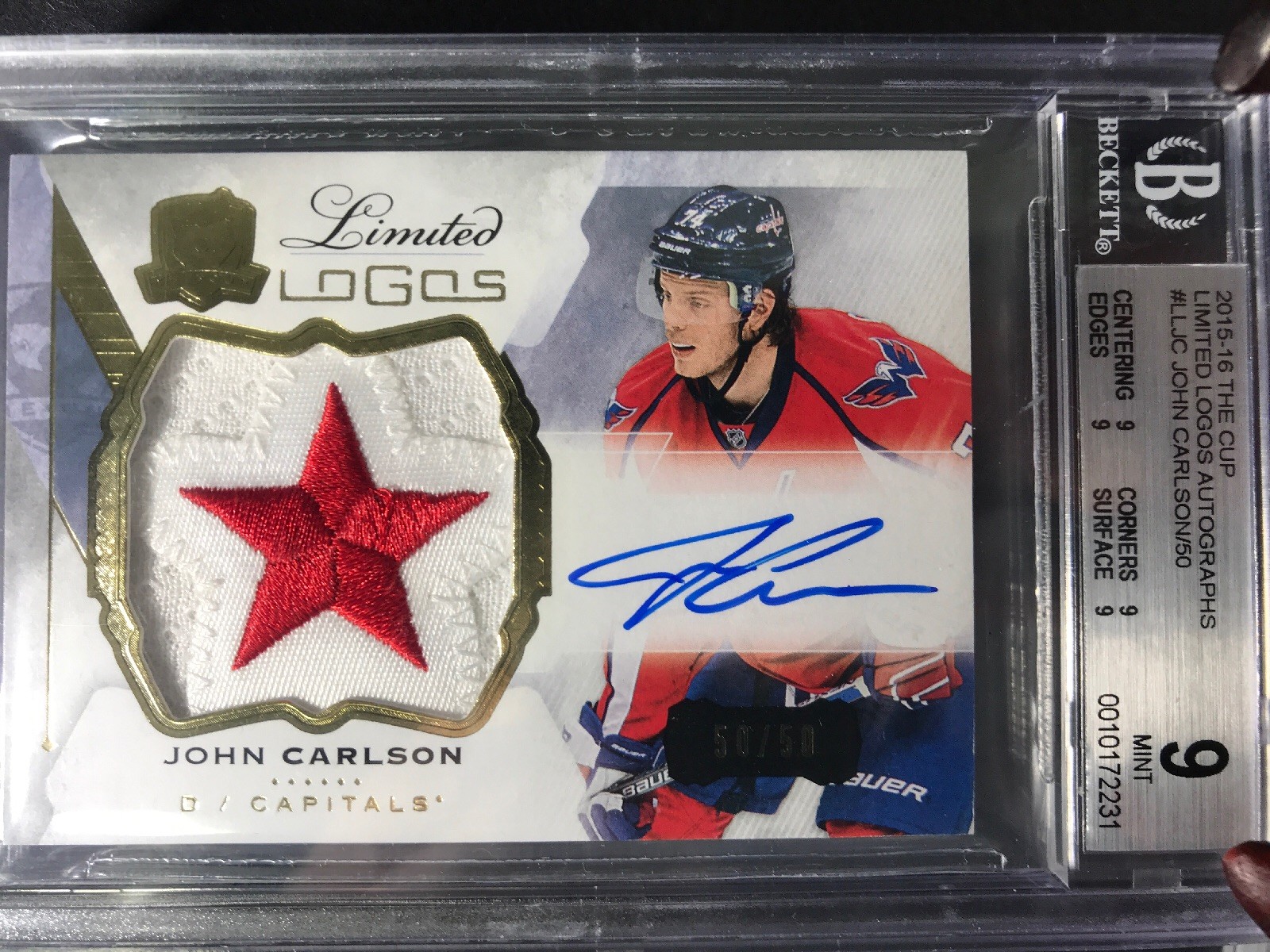 15-16 The Cup Limited Logo Patch 10 Auto JOHN CARLSON #50/50 BGS 9 MINT STAR Gem