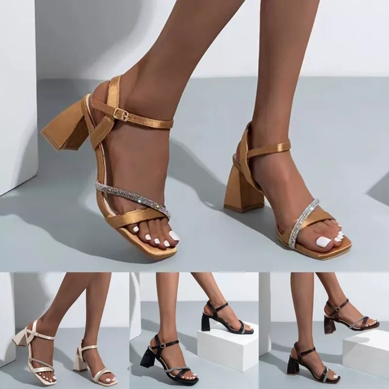 Women Summer Casual Peep Toe Shoes Party Dress Sandals Ankle Strap Block Heels