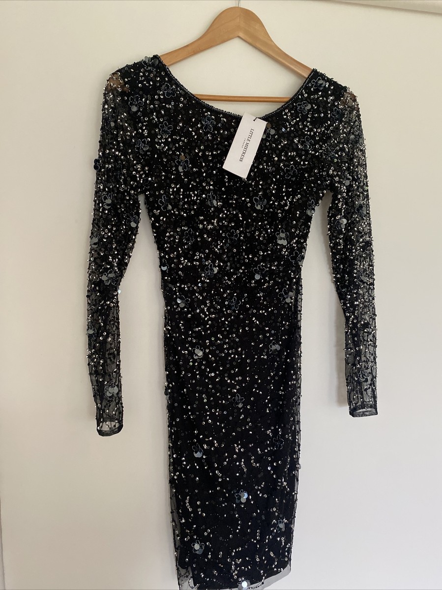 little mistress vintage bodycon dress MistressJenny Black Embellished Sequin RRP£110 BNWT Size 8 The front curve seam