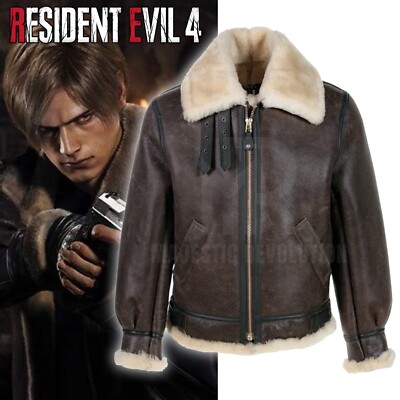 Leon Kennedy Leather Jacket Resident Evil 4 Bomber Cosplay Men Sheepskin Jacket