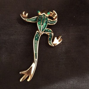 Green Frog Moveable Legs Brooch Pin Gold Tone Metal Beaded Eyes Enamel 2 1/4" L