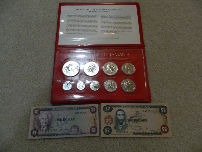 1980 Brilliant Uncirculated Coinage from Jamaica + a $1.00 and $2.00 Bill