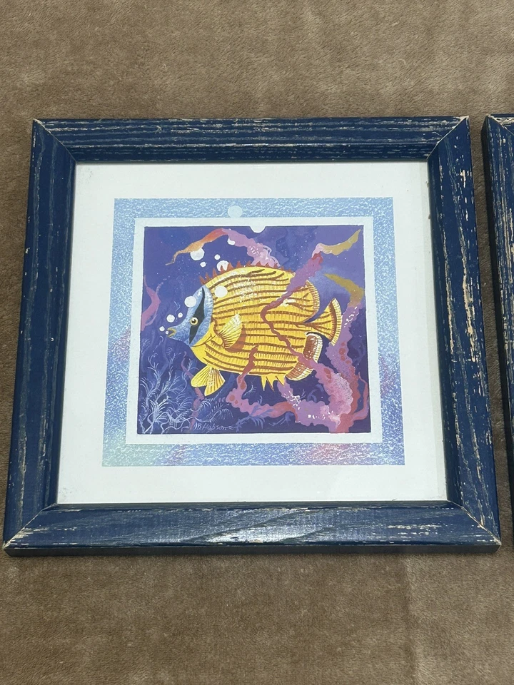 Colorido pez azul envejecido arte de pared decoración mar océano vida baño niño pequeño 8x8 Foto 3 de 4