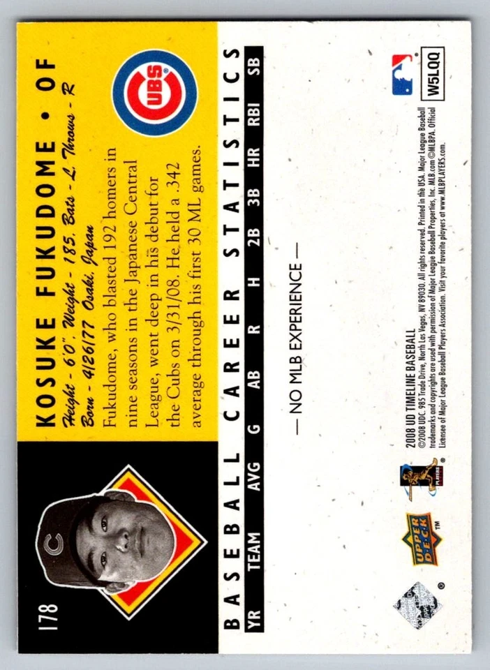 2008 Upper Deck Timeline Kosuke Fukudome #178 - Image 2 of 2