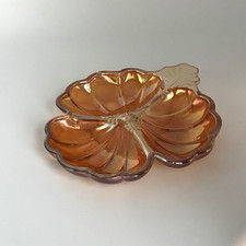 Vintage Carnival Glass Leaf Dish Orange Iride...