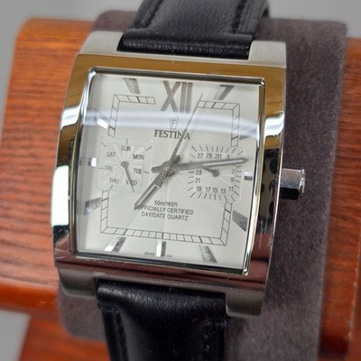 Festina Model 8995 Day/Date Quartz Rectangle Tank Silver & Black Leather Watch