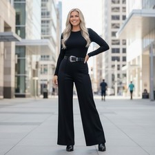Nine West Womans 14 Wide Leg Pull On Black Career Dress Pants Trousers Classic