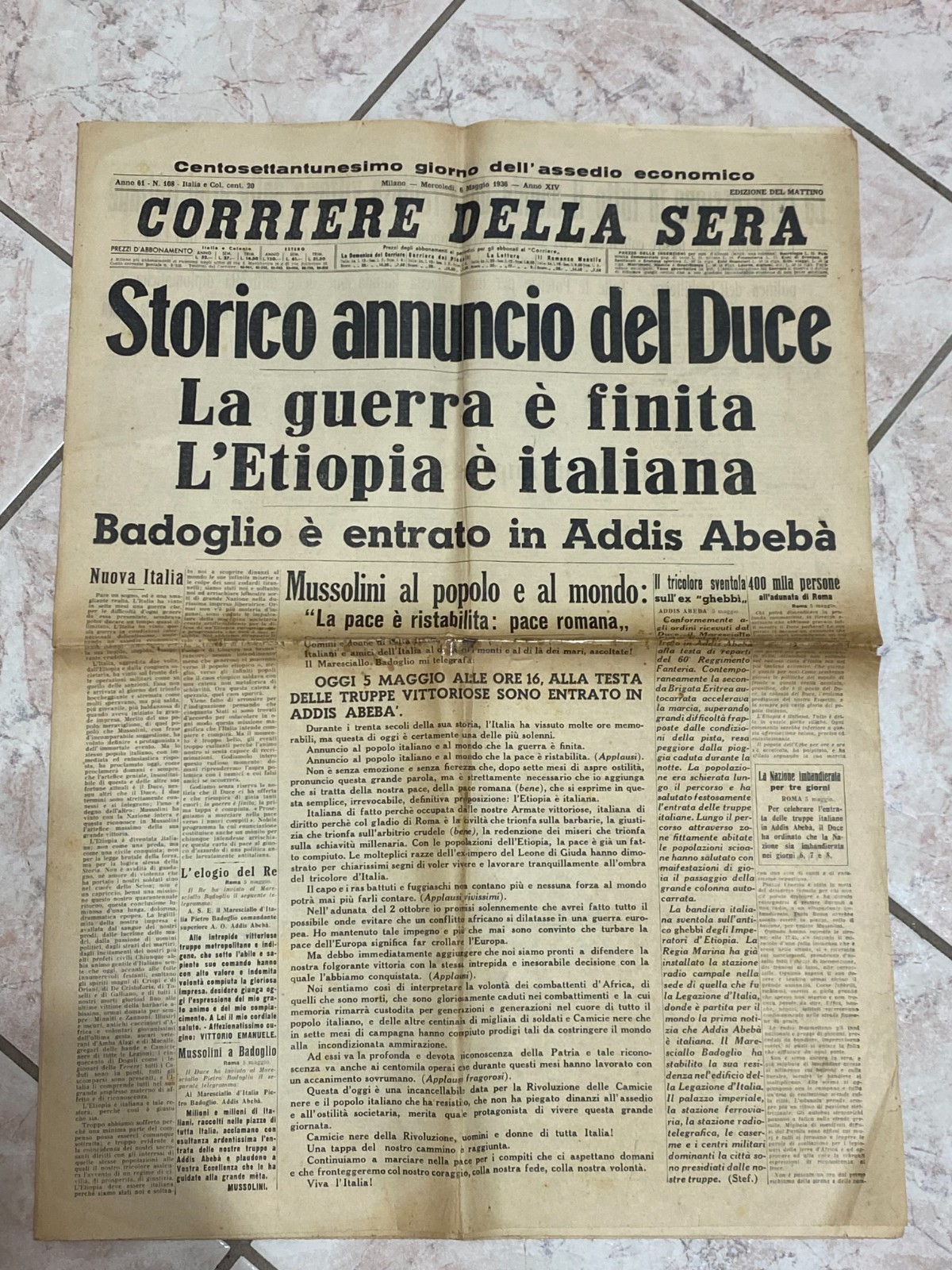 CORRIERE DELLA SERA 6 MAGGIO 1936 FINE GUERRA IN ETIOPIA ANNUNCIO DEL DUCE-ORIGI