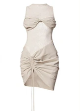 Pretty Little Thing Size 4 Off White Sheer Panel Detail Ruched Bodycon Dress NWT