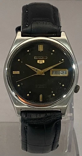 Vintage Formal Seiko5 Black Dial 7009 with D/D Watch Leather Strap Automatic