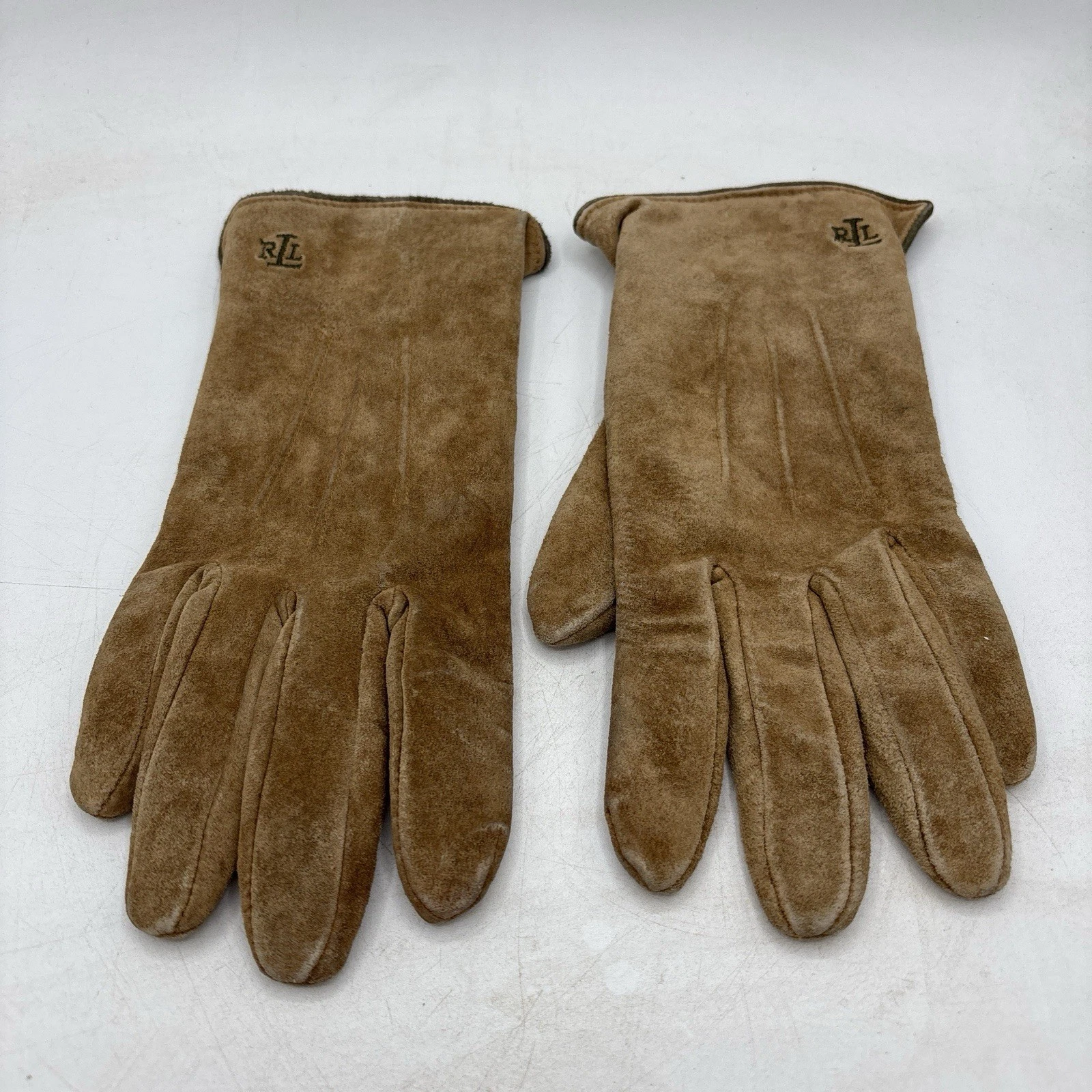 Vtg LAUREN Ralph Lauren Leather Women's M Gloves Logo Brown Old Money Preppy