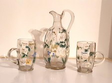Ancien Service à Orangeade Verre Émaillé avec fleurs et dorures