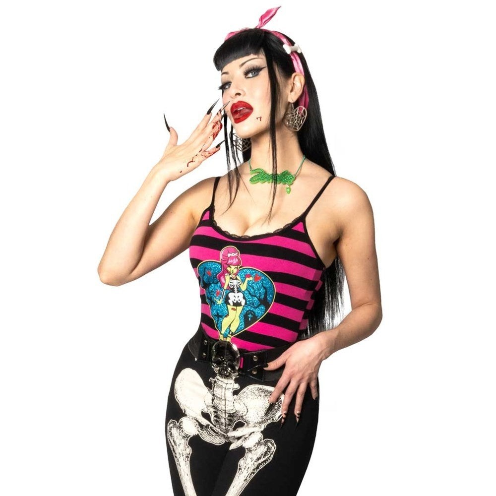 Kreepsville Pink Black Stripe Zombie Girl Camisole Tank Top Goth S