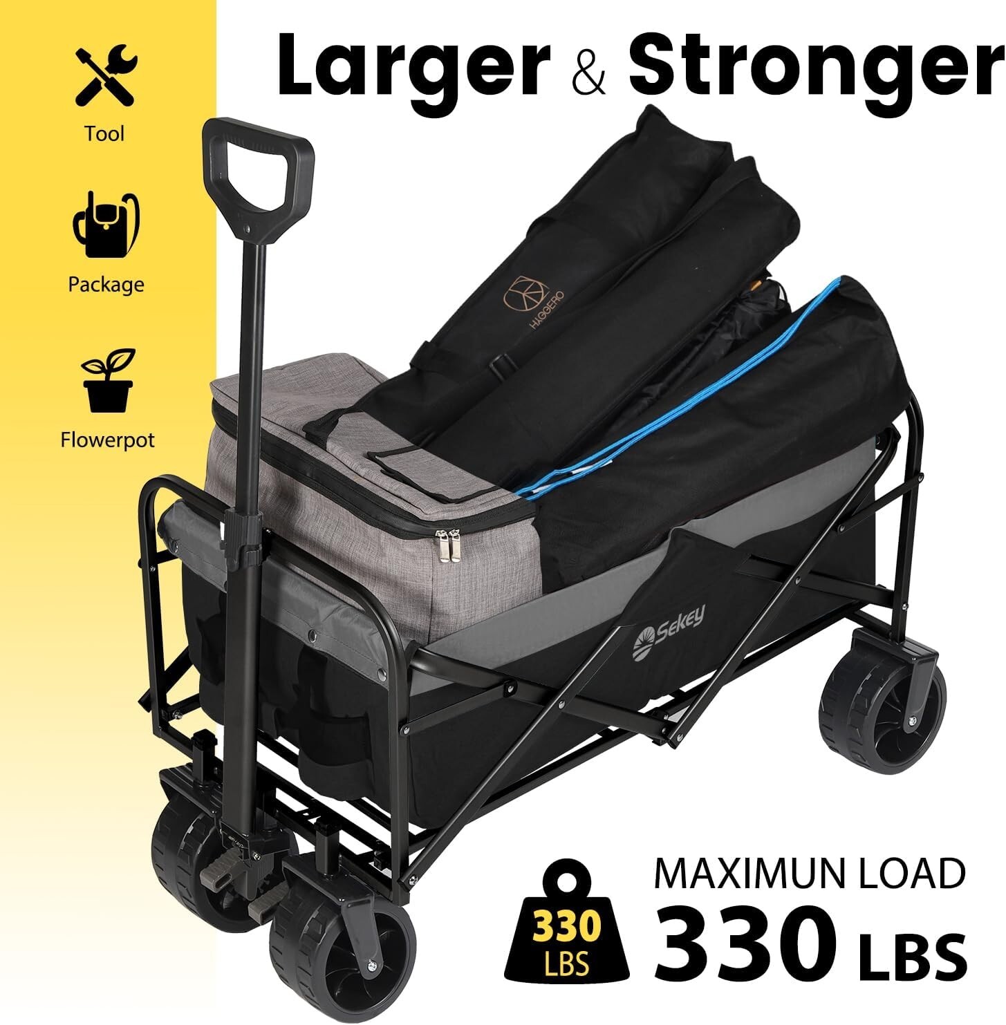 Folding Utility Cart with Big All-Terrain  Wheels & Drink Holders, Black&Grey