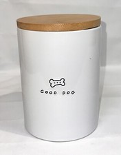 Good Dog, DOG TREAT JAR-HARMONY-White-Stoneware-Sealed Bamboo Wood Top-7" X 5