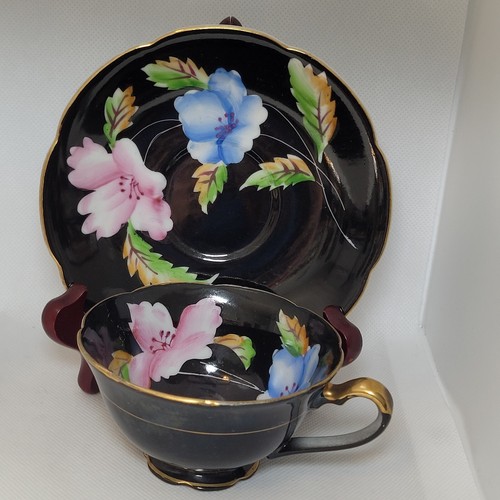 Chugai China Black with Pink and Blue Peonies Tea Cup and Saucer, Japan - Picture 2 of 10