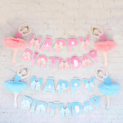 BRANDNEU SÜSS ROSA BLAU TANZENDE MÄDCHEN HAPPY BIRTHDAY BANNER PAPIER SET PARTY UK 