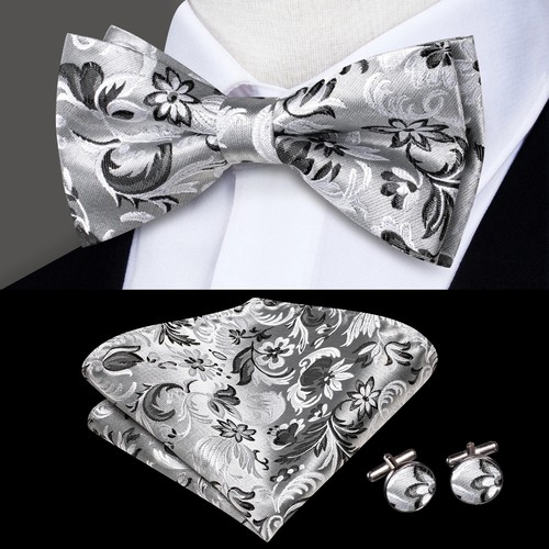 Conjunto de pajarita de seda preatada Hi-Tie para hombre con pañuelo y gemelos - diseño floral - Imagen 26 de 37