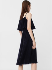 New Mango Navy Layered Velvet Finish Tailored Dress - UK 12