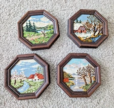 Octagon wood frame tapestry four seasons needlepoint wool pictures hanging set 4