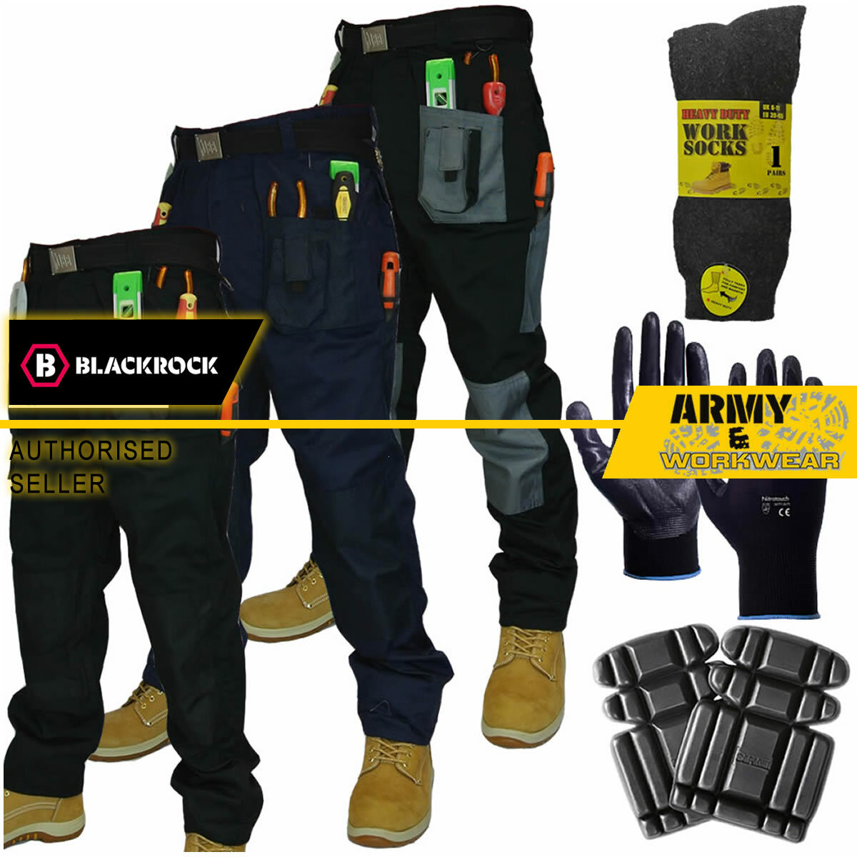 Blackrock Men's Triple Stitch Work Pants with Free Knee Pads Gloves and Socks  