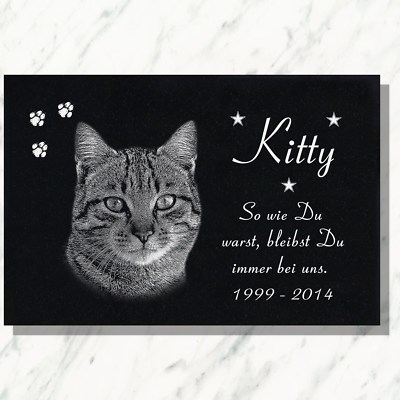 Granit Tier Grabstein Grabplatte Katze mit Foto + Text Gravur 30 x 20 cm  DS-104