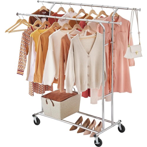 Heavy Duty Garment Rack Commercial Rolling Collapsible Clothing Shelf W/ Wheels - Picture 34 of 61