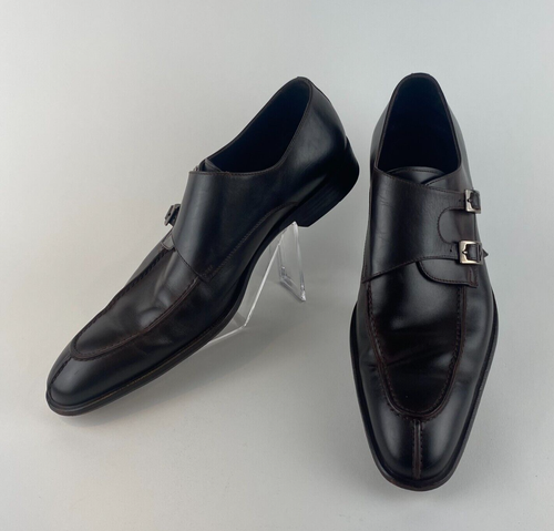 Façonnable Hombres Marrón Chocolate Doble Correa Monje Zapatos de Cuero 12 Hechos en Italia
